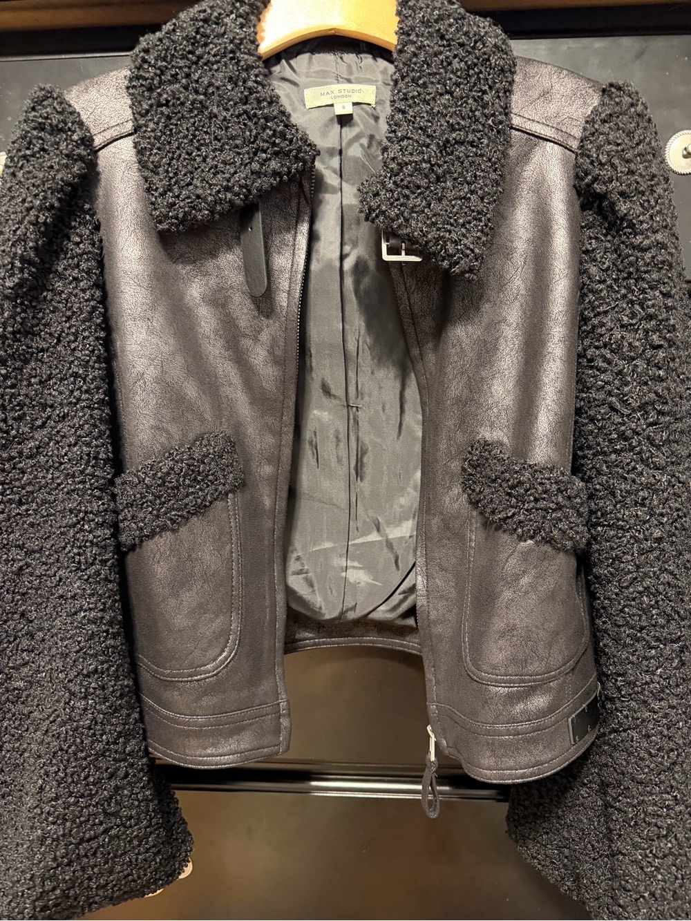 Max Studio Black Sherpa Leather-Trim Jacket